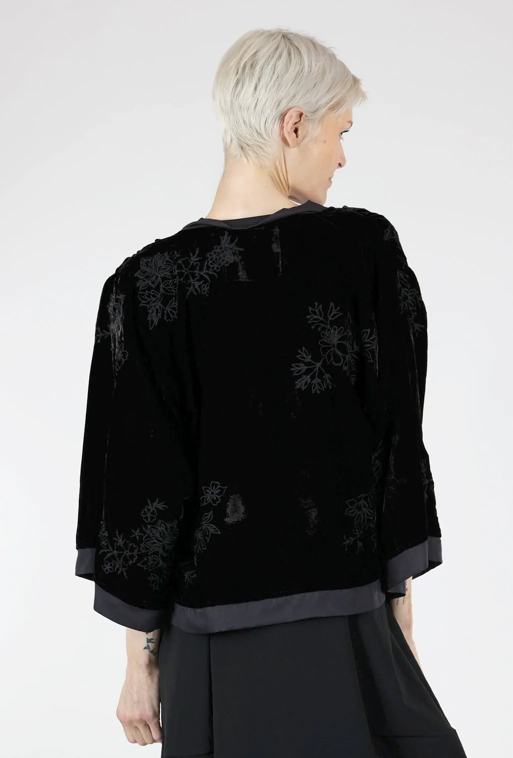 Anika Embroidered Velvet Kimono, Black