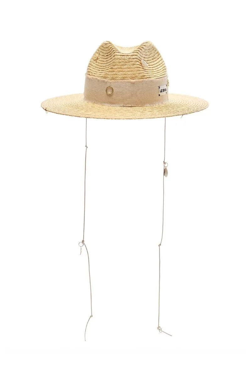 BEIGE STRAW FEDORA WITH SHELLS AND 24K GOLD-PLATED ACCESSORIES