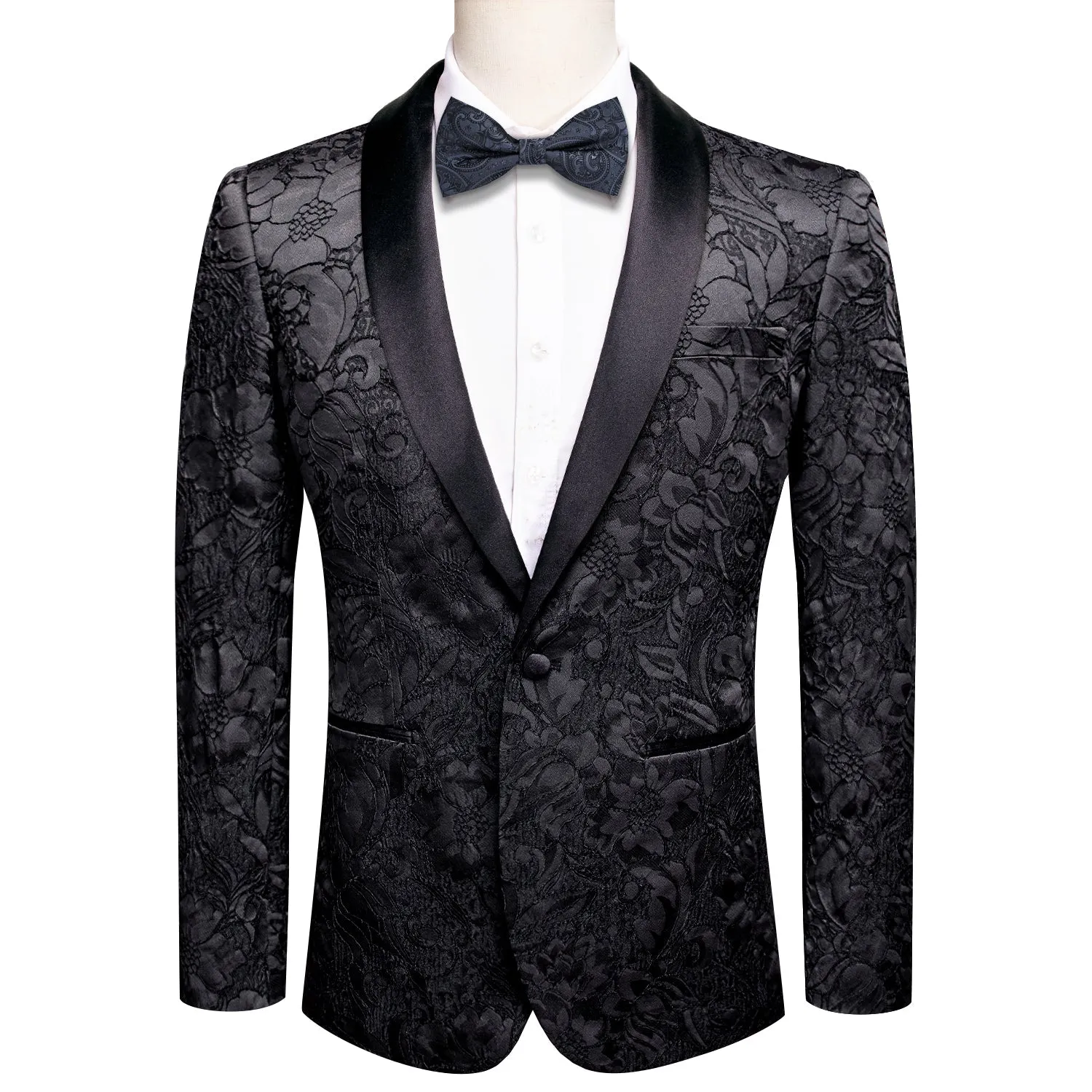 Black Embroidered Floral Tuxedo Jacket