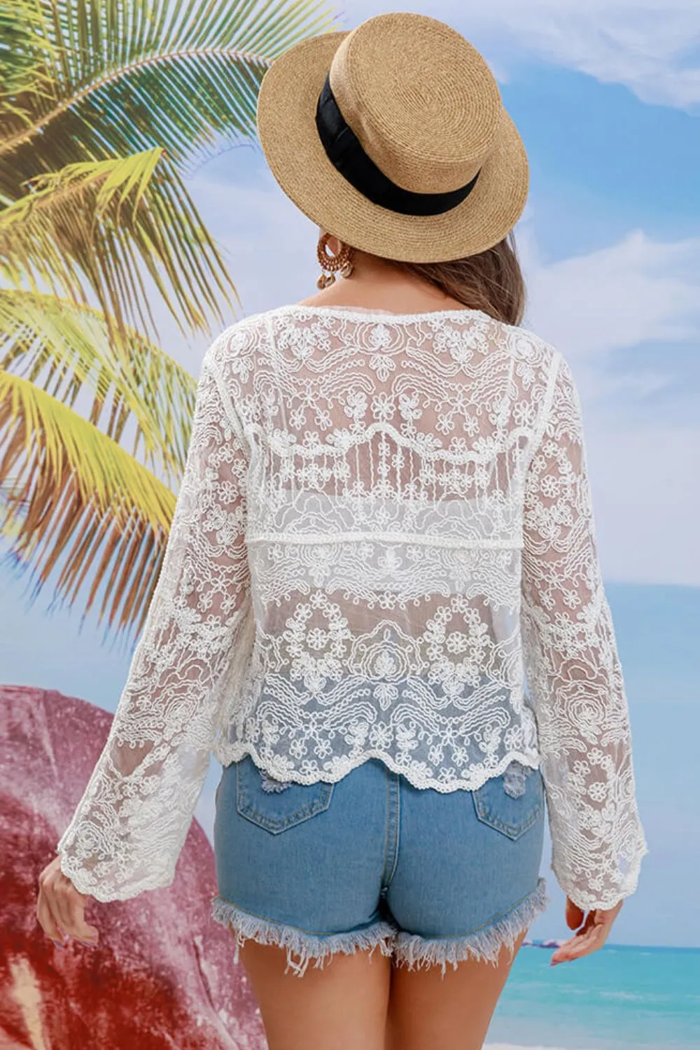 Buttoned Sheer Lace Swimsuit Coverup