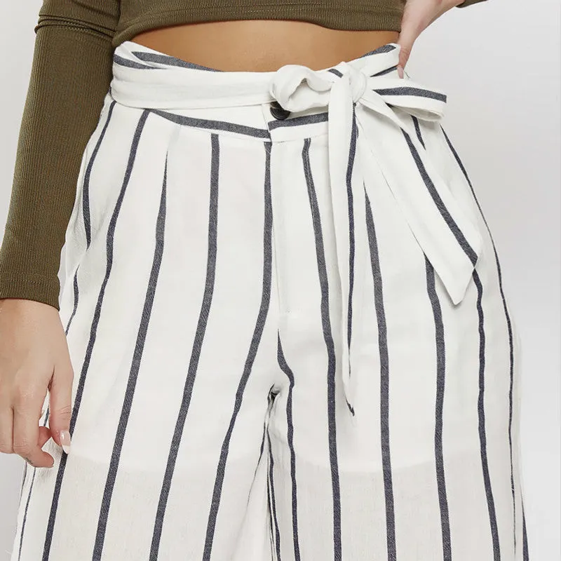 Casual Striped Wide-Leg Lace Up High Waist Loose Pants