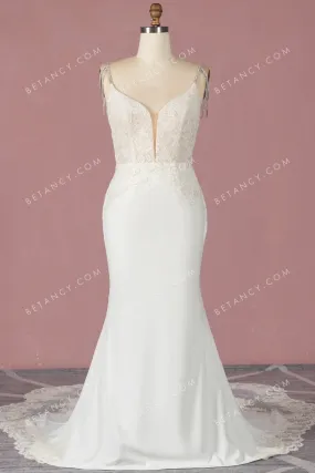 Chic Bead Cap Sleeve Crepe Satin Mermaid Wedding Dress