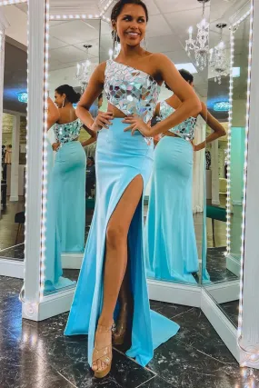 Cute Mermaid One Shoulder Blue Satin Long Prom Dresses with Beaded