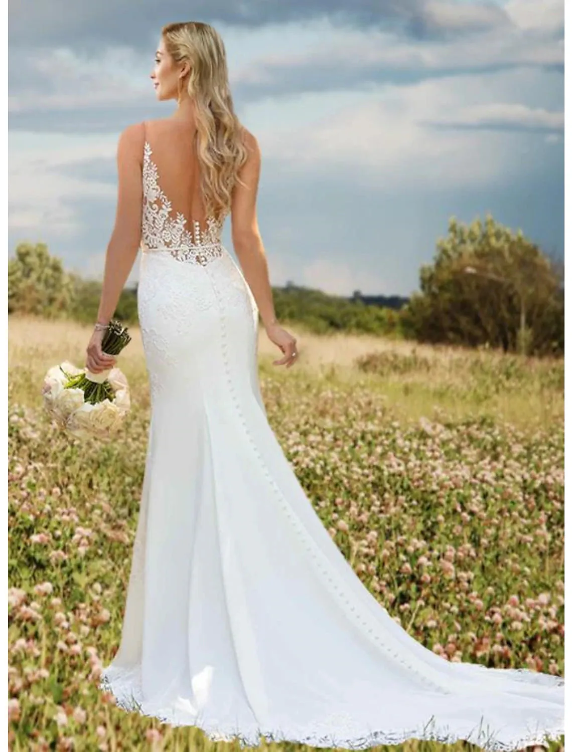 Engagement Open Back Sexy Formal Wedding Dresses Mermaid / Trumpet V Neck Sleeveless Court Train Lace Bridal Gowns With Appliques 2023 Summer Wedding Party