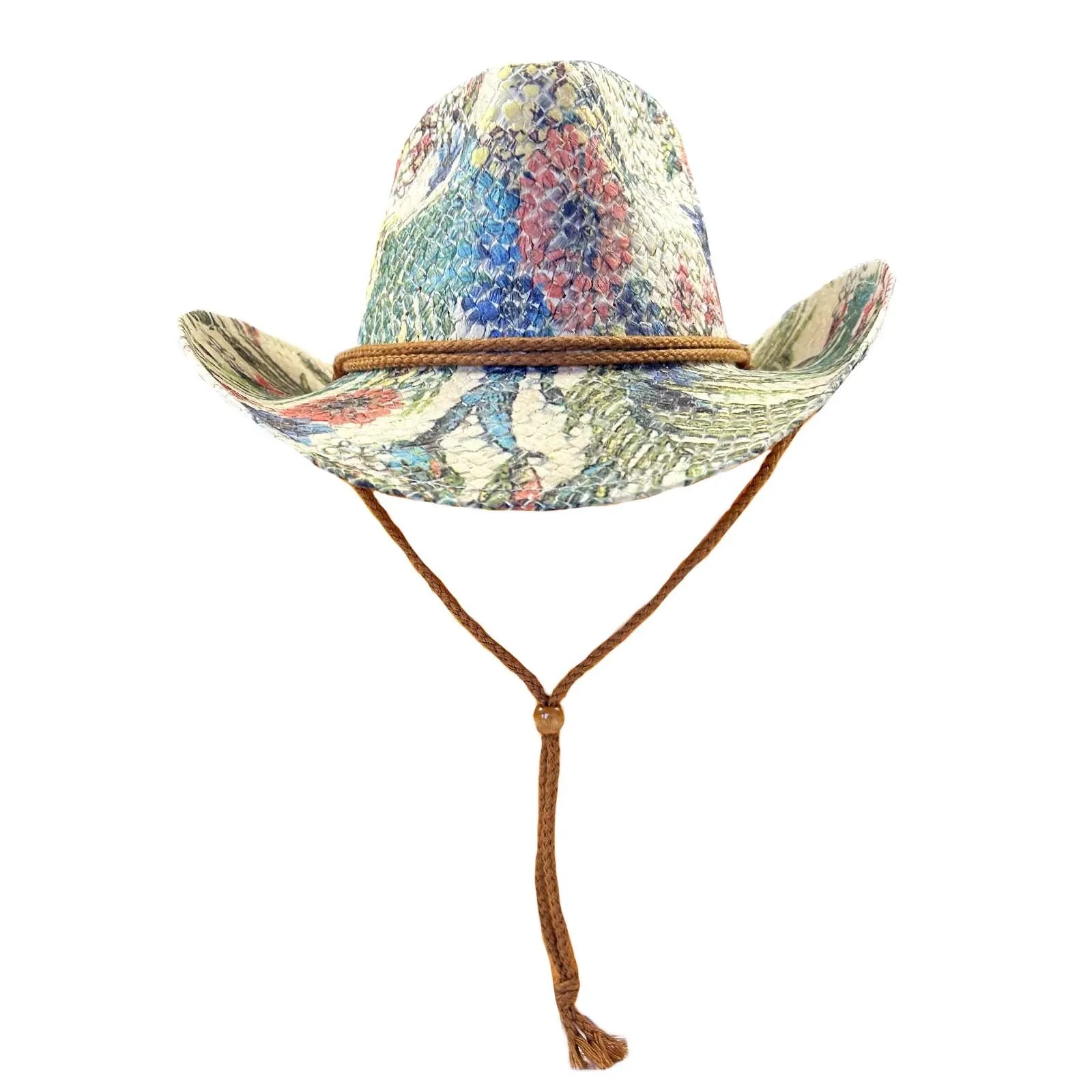 Floral Print Straw Western Cowgirl Hat