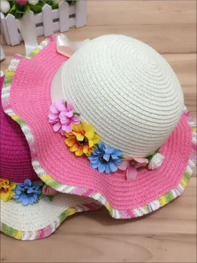 Girls Rainbow Floral Straw Hat