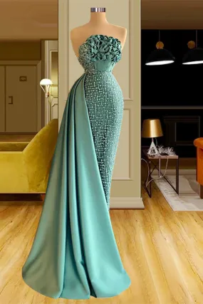 kamahe Elegant Long Green Mermaid Sleeveless Beading Prom Dresses With Ruffles Long