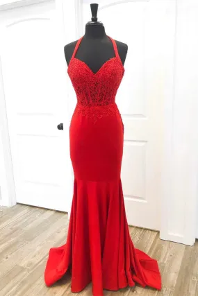 kamahe Halter Red Mermaid Long Prom Dresses Lace Appliques