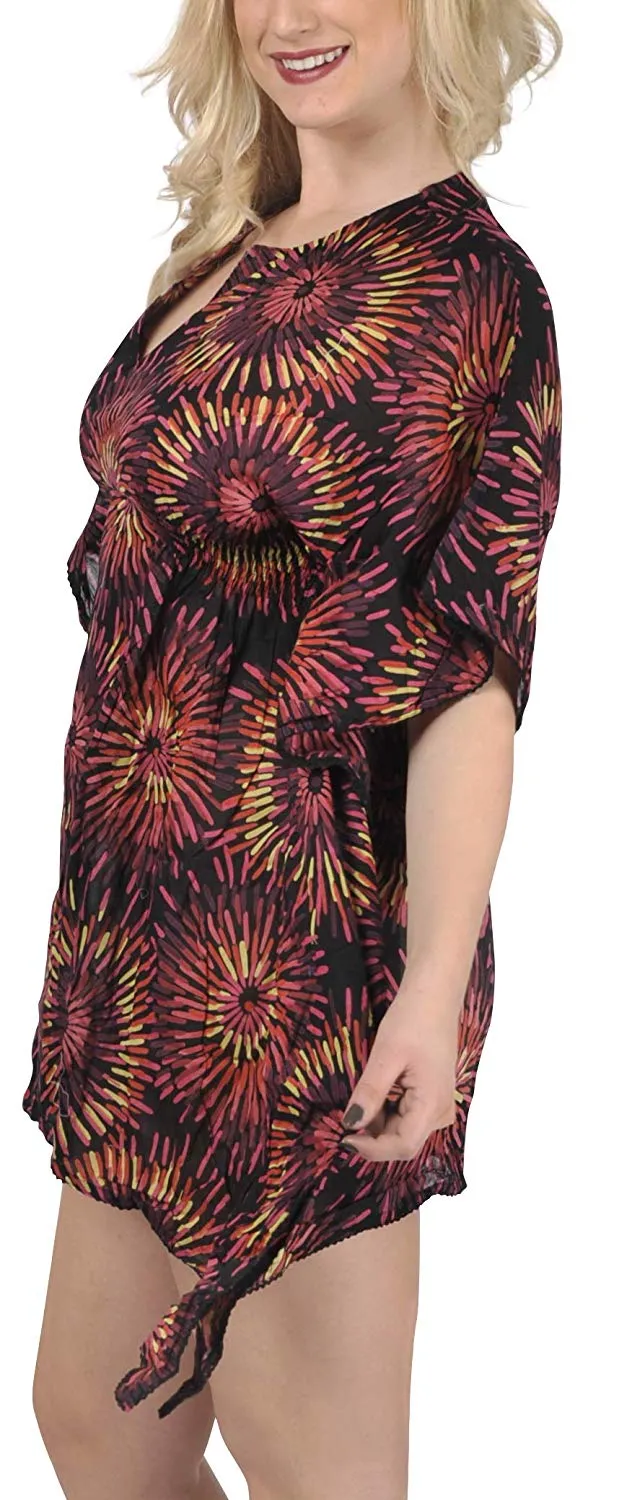 LA LEELA Cotton Printed Loose Blouse Cover Up OSFM 8-14 [M-L] Multicolor_1586