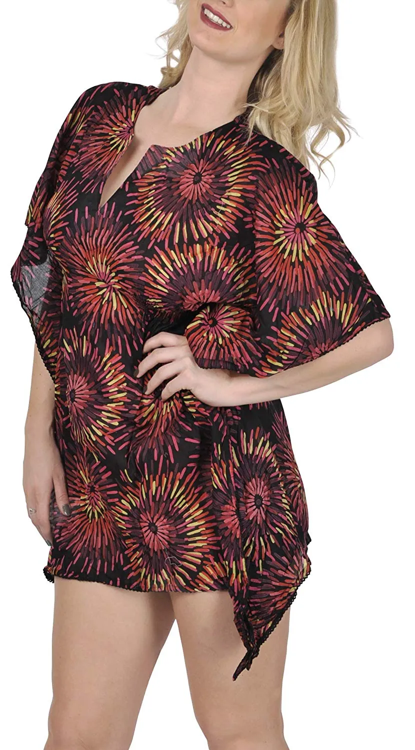 LA LEELA Cotton Printed Loose Blouse Cover Up OSFM 8-14 [M-L] Multicolor_1586