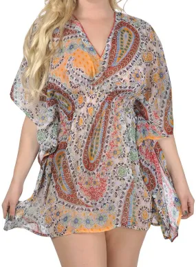 La Leela V-Neck Paisley Printed Kaftan Tube Swim Caftan Cover Up Multi,Medium