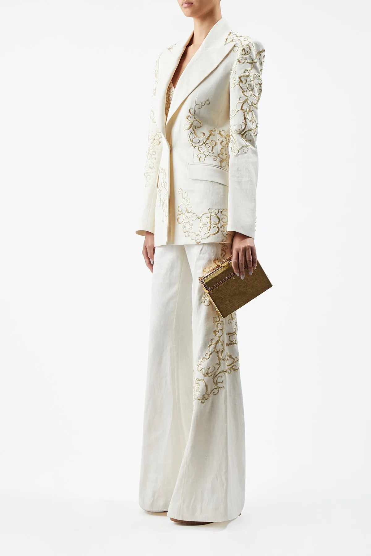 Leiva Embroidered Blazer in Ivory Textured Linen