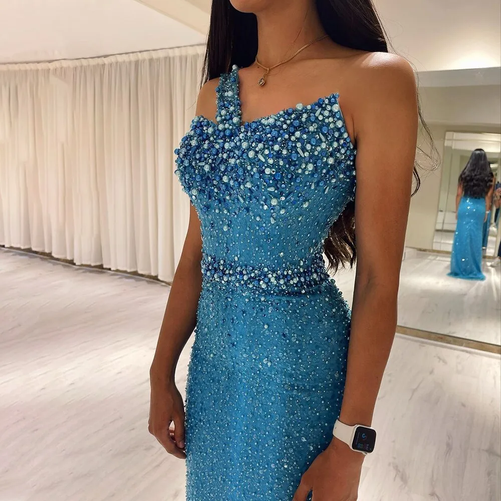 Luxury Turquoise One Shoulder Mermaid Evening Dress SS336