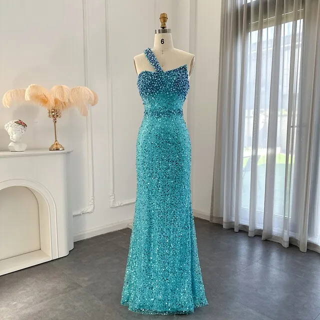 Luxury Turquoise One Shoulder Mermaid Evening Dress SS336