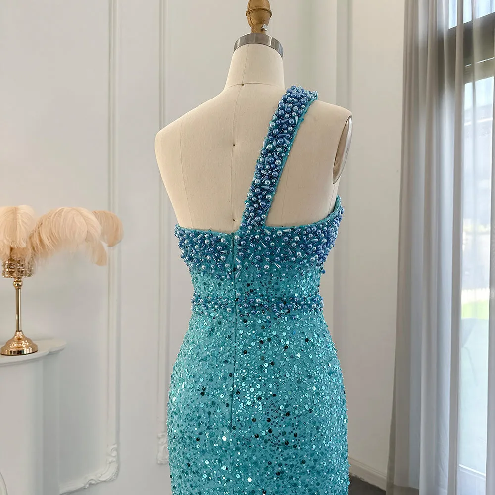 Luxury Turquoise One Shoulder Mermaid Evening Dress SS336