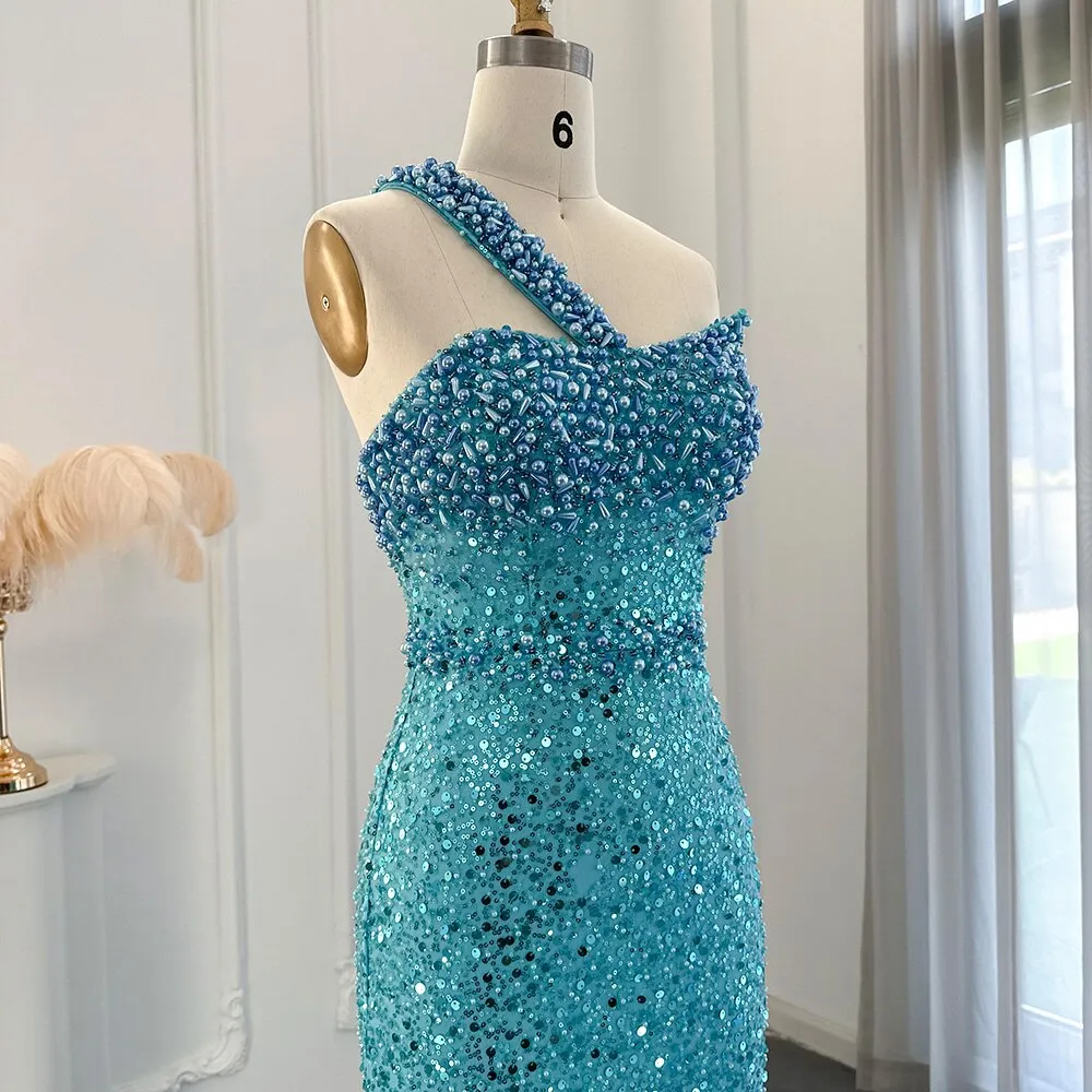 Luxury Turquoise One Shoulder Mermaid Evening Dress SS336