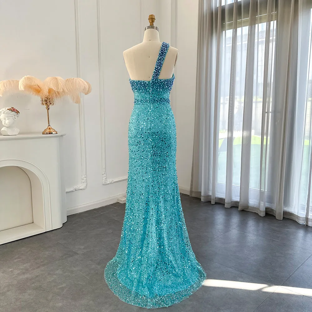 Luxury Turquoise One Shoulder Mermaid Evening Dress SS336