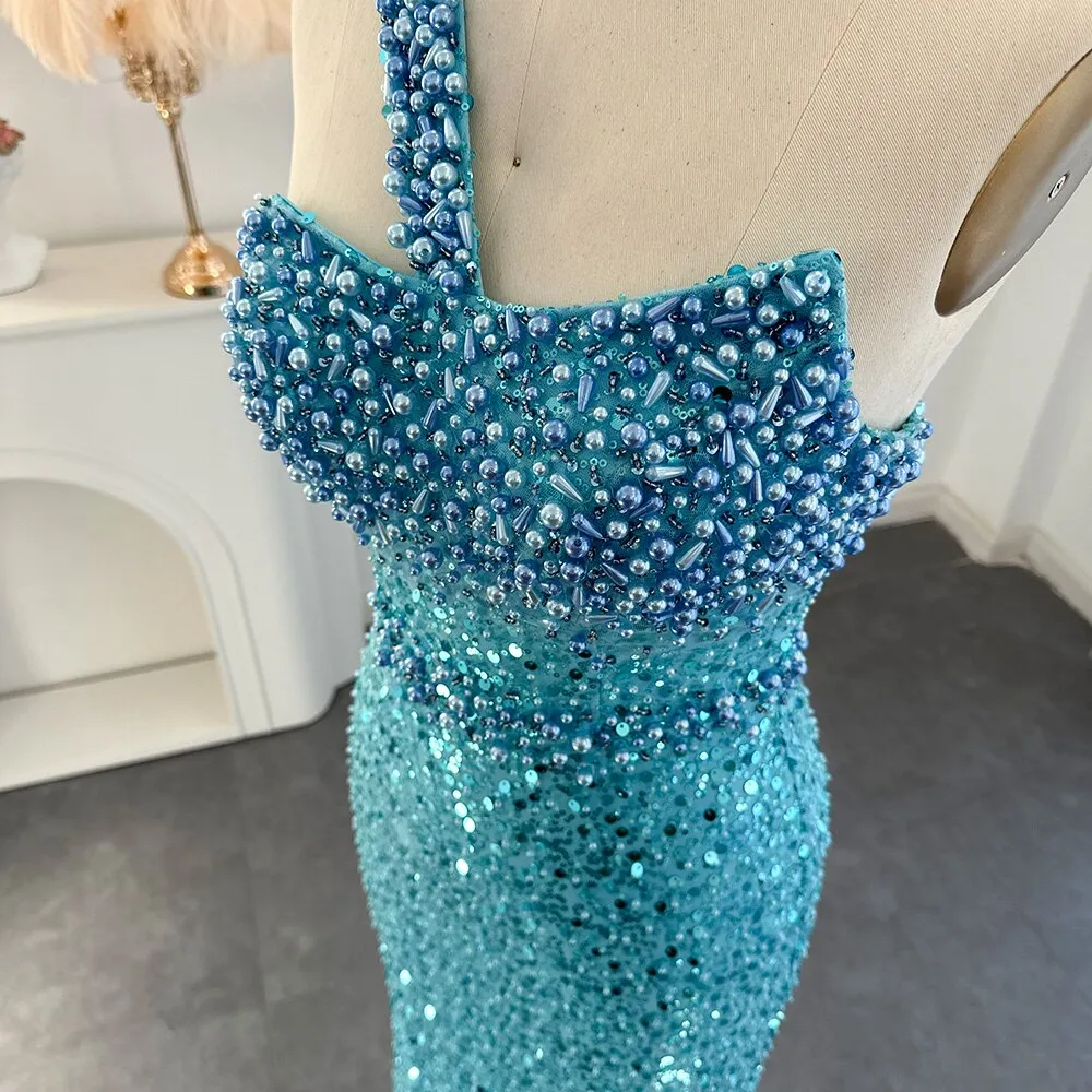 Luxury Turquoise One Shoulder Mermaid Evening Dress SS336