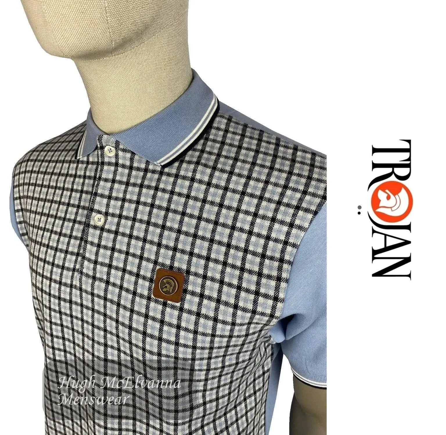 Men's Trojan Sky Blue Check Front Polo Style: TR/8668