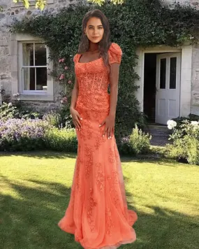 Mermaid Orange Lace Tulle Cap Sleeve Dress Square Neckline Prom Dresses