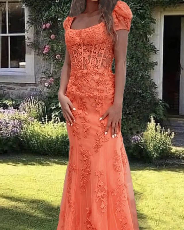 Mermaid Orange Lace Tulle Cap Sleeve Dress Square Neckline Prom Dresses