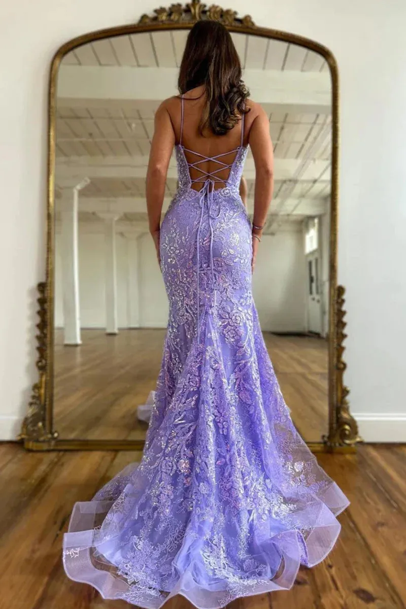 Mermaid Scoop Neck Lilac Sequin Lace Long Prom Dresses