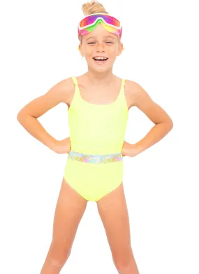 NEON YELLOW SWIMSUIT WITH SEQUIN BELT