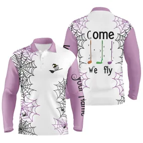 Personalized Spider Web Halloween Mens Golf Polo Shirts Come We Fly Golf Clubs Polo Shirts Purple