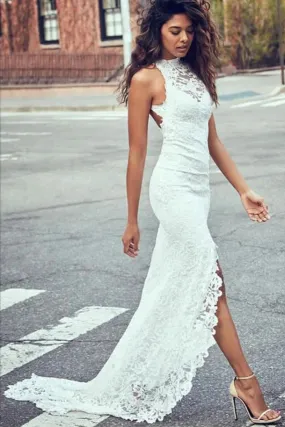 Sexy Mermaid Jewel Lace Backless Beach Wedding Dresses With Court Train