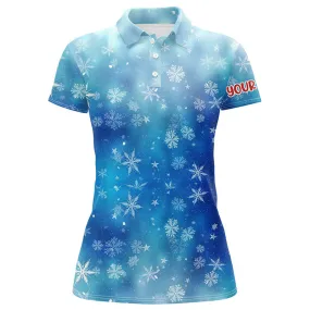 Snowflakes And Blurred Lights Blue Christmas Golf Polo Shirts Custom Golf Shirts For Women