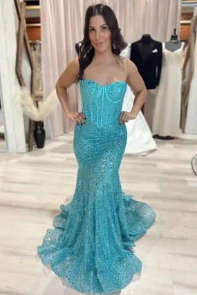 Sparkly Mermaid Sweetheart Blue Corset Prom Dress Sweep/Brush Train Dresses With Beading