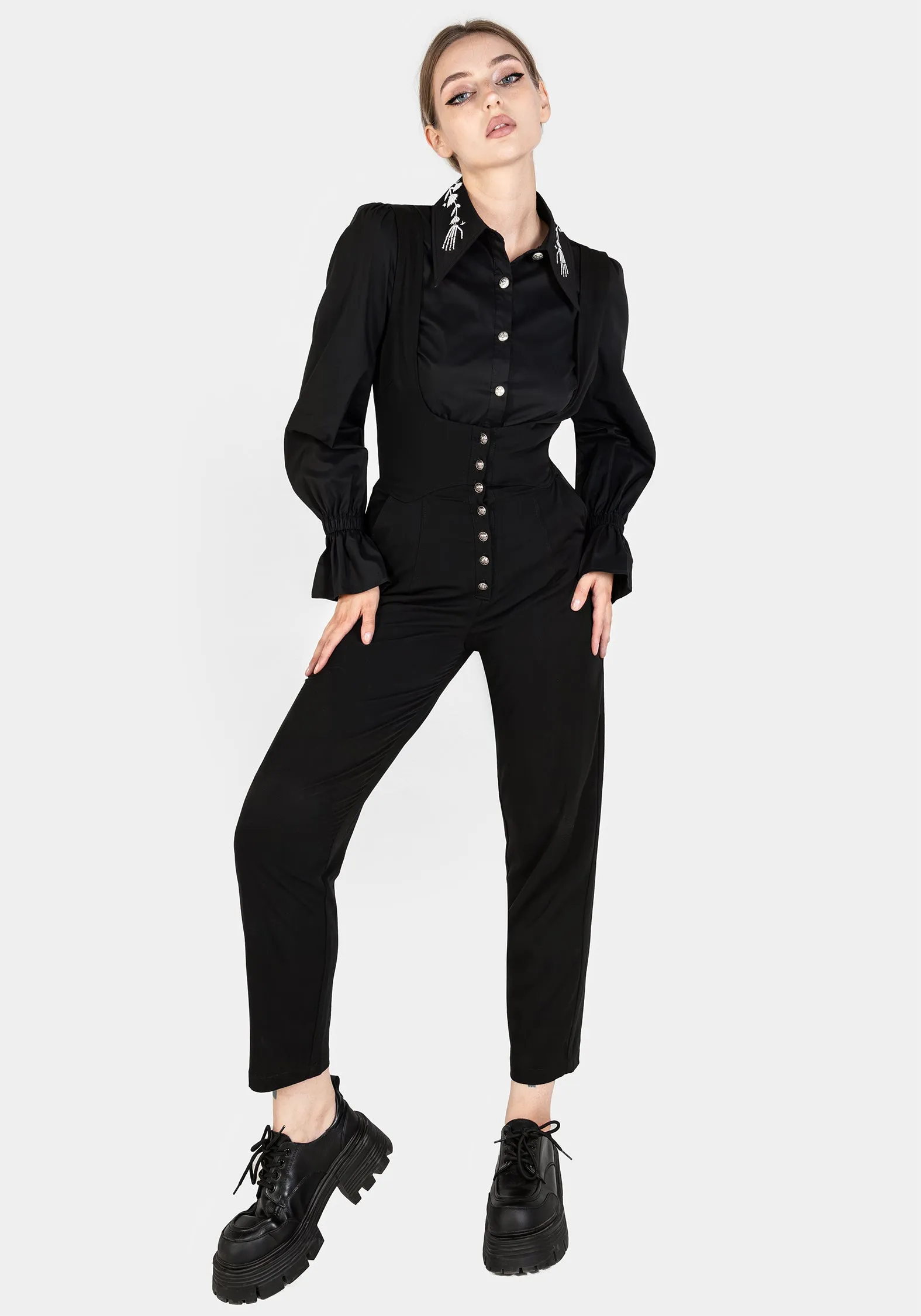 Tempora Embroidered Button Up Shirt - Black