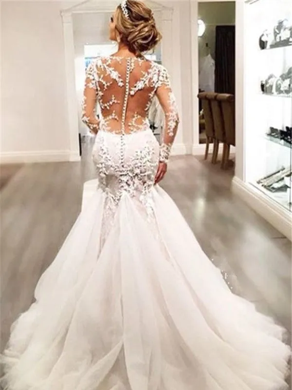 Trumpet/Mermaid V-neck Long Sleeves Lace Court Train Tulle Wedding Dresses