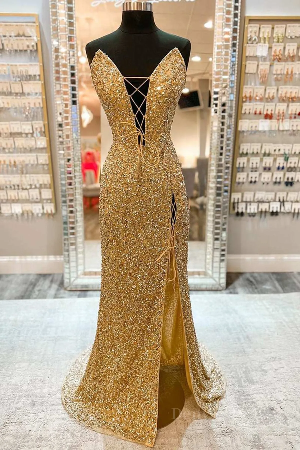 V Neck Mermaid Golden Sequins Long Prom Dress with High Slit, Mermaid Golden Formal Dress, Gold Sequins Evening Dress