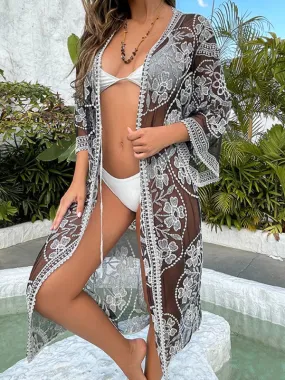 Vacation Kimono See-Through Beach Robe - 3D Embroidered Cover Up