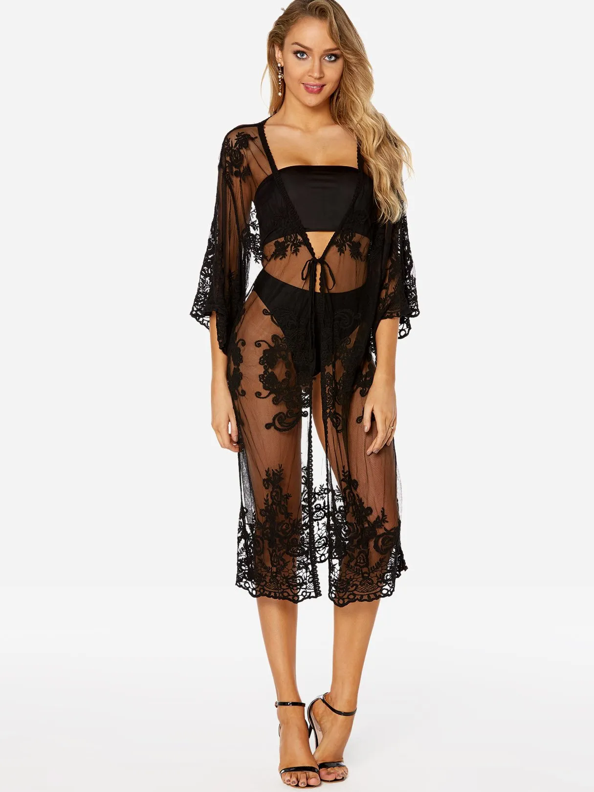 Wholesale Black Long Sleeve Embroidered Lace See Through Beach Dresses