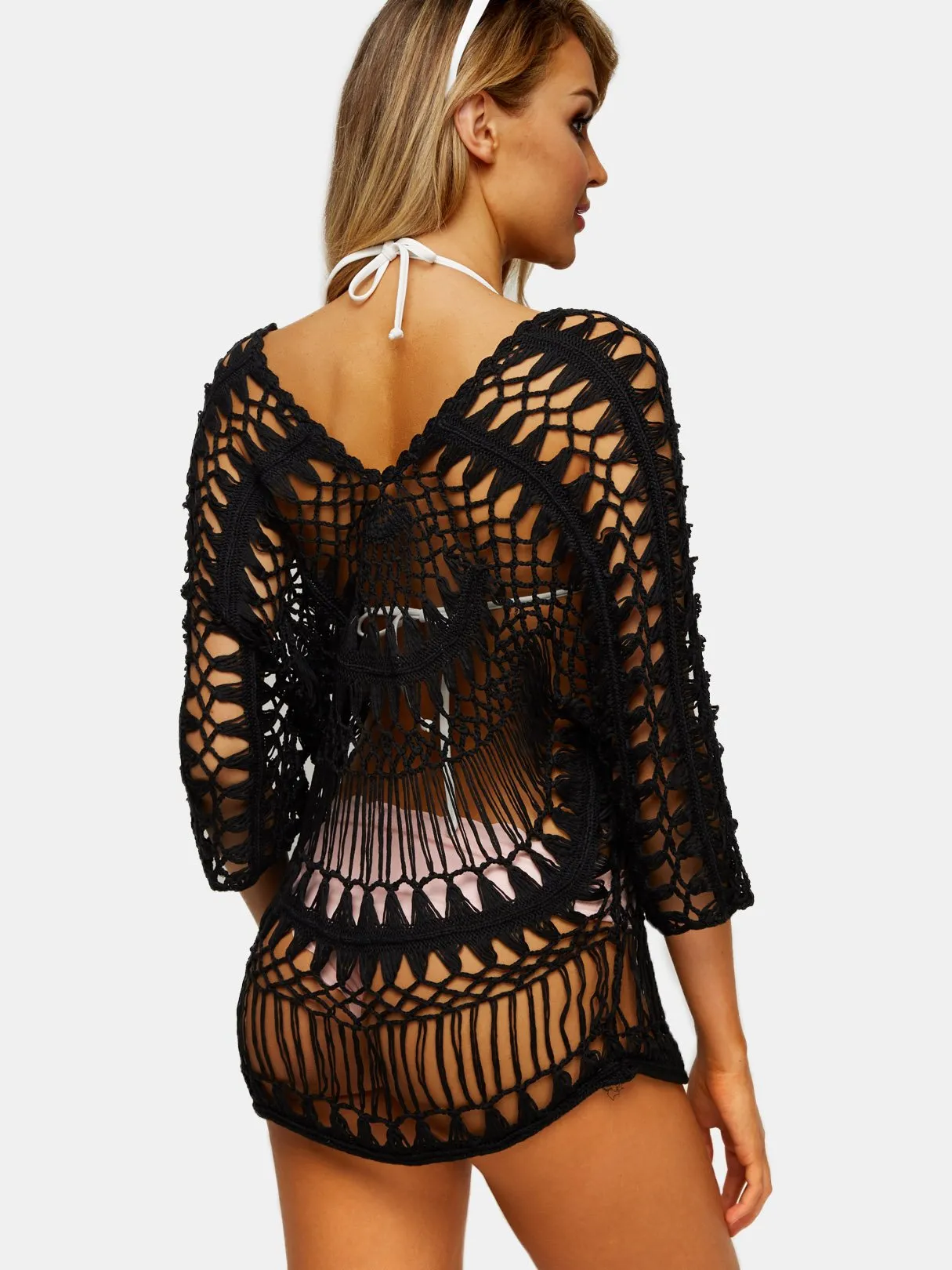 Wholesale Black Scoop Neck Long Sleeve Plain Crochet Lace Embellished Hollow Beach Dresses