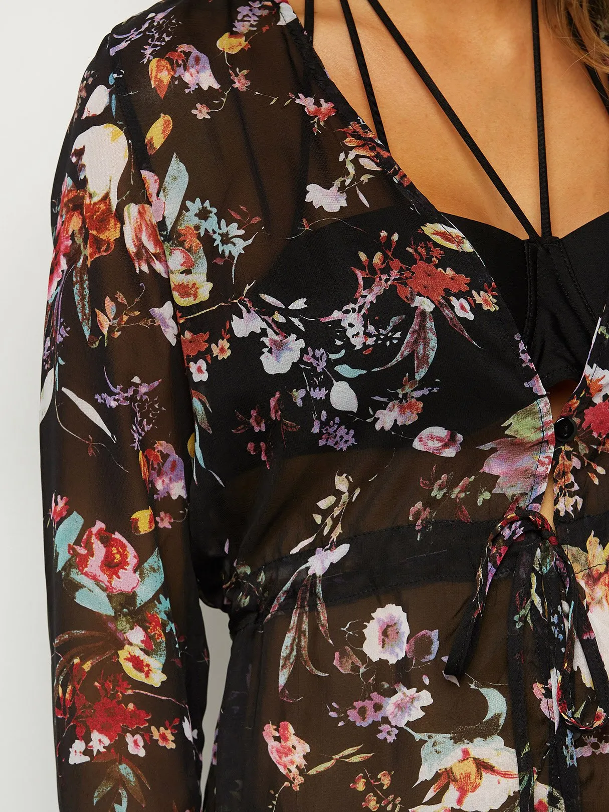 Wholesale Black V-Neck Floral Print Slit Tie-Up Beach Cover Ups