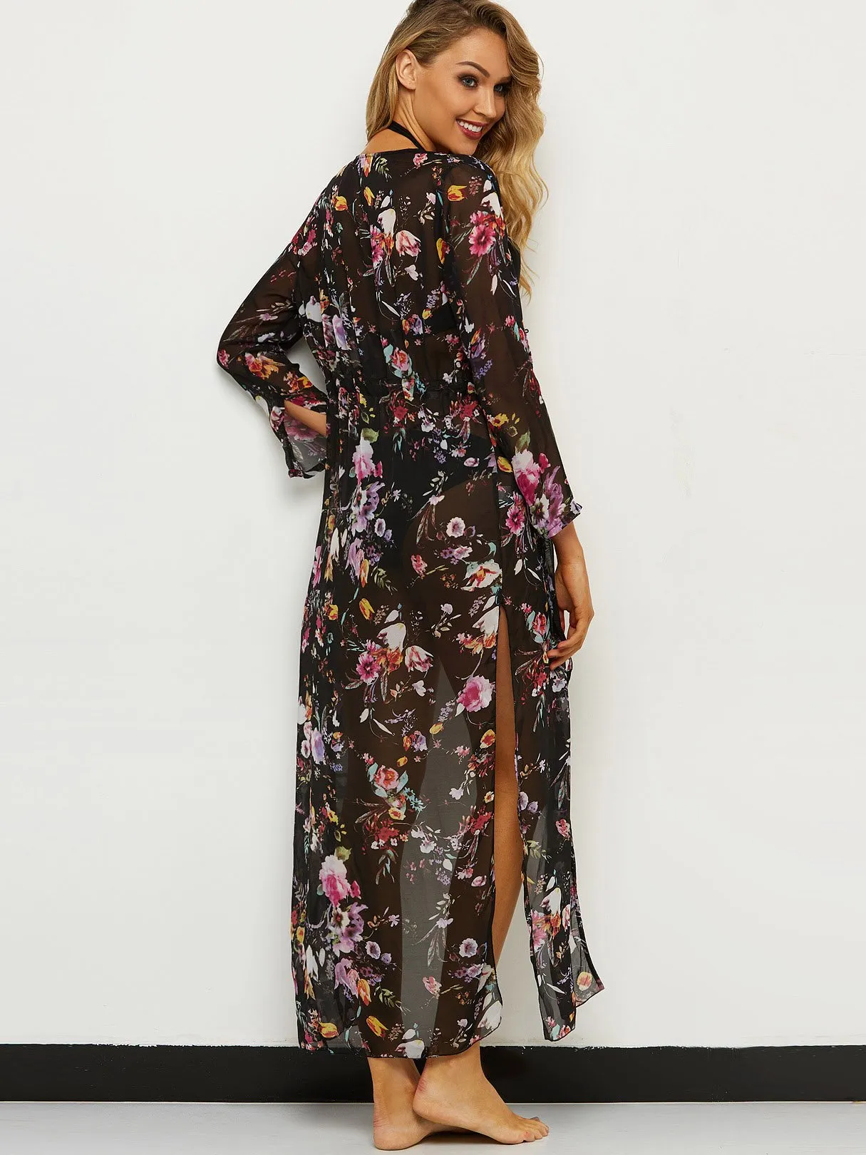 Wholesale Black V-Neck Floral Print Slit Tie-Up Beach Cover Ups