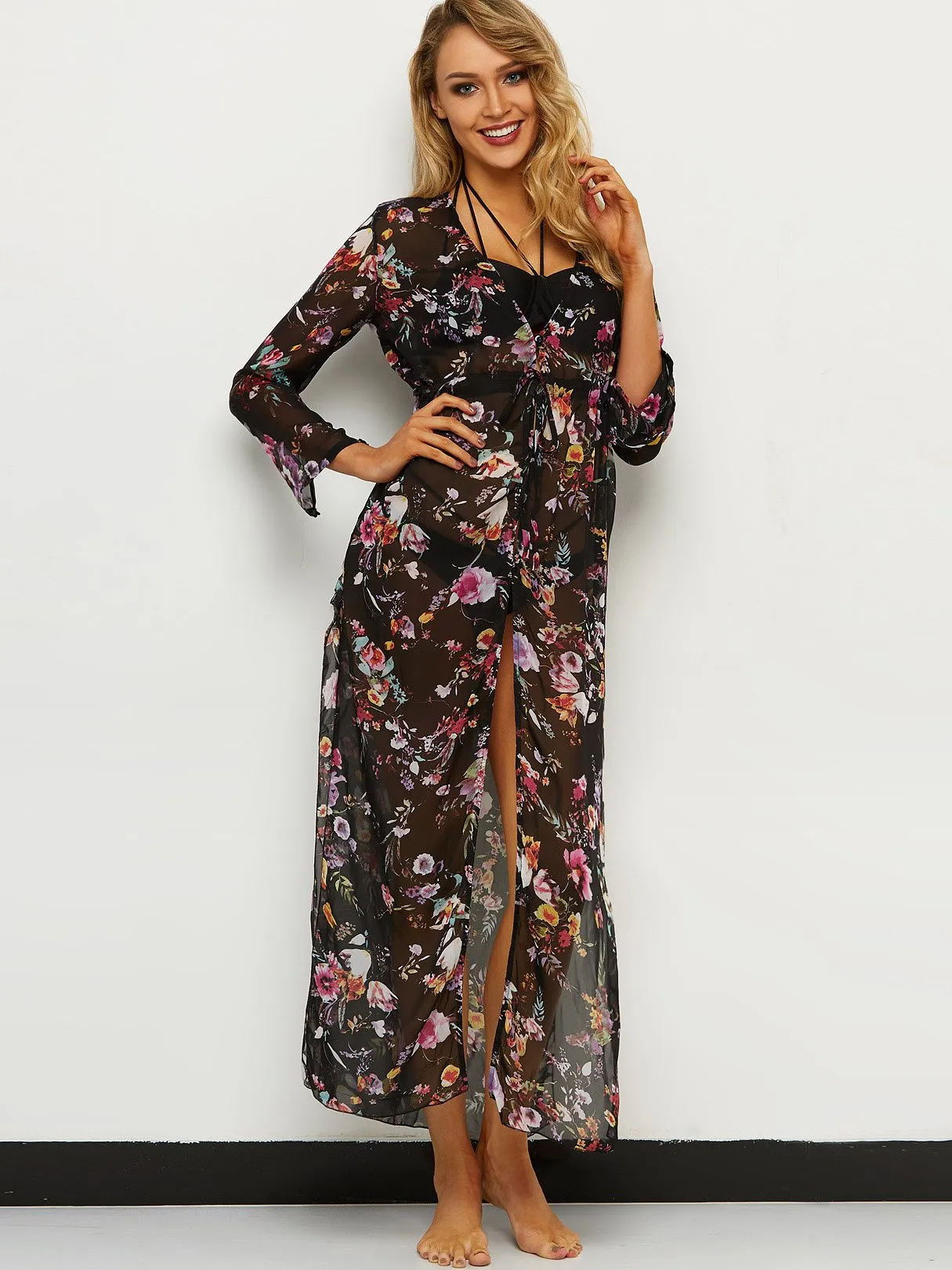 Wholesale Black V-Neck Floral Print Slit Tie-Up Beach Cover Ups