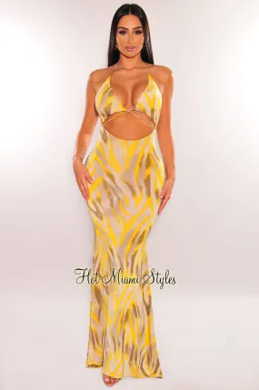 Yellow Gray Animal Print Halter Tie Up Cut Out Dress